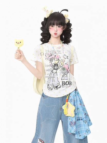 Beige Star Cartoon Graphic Tee - Languid Park
