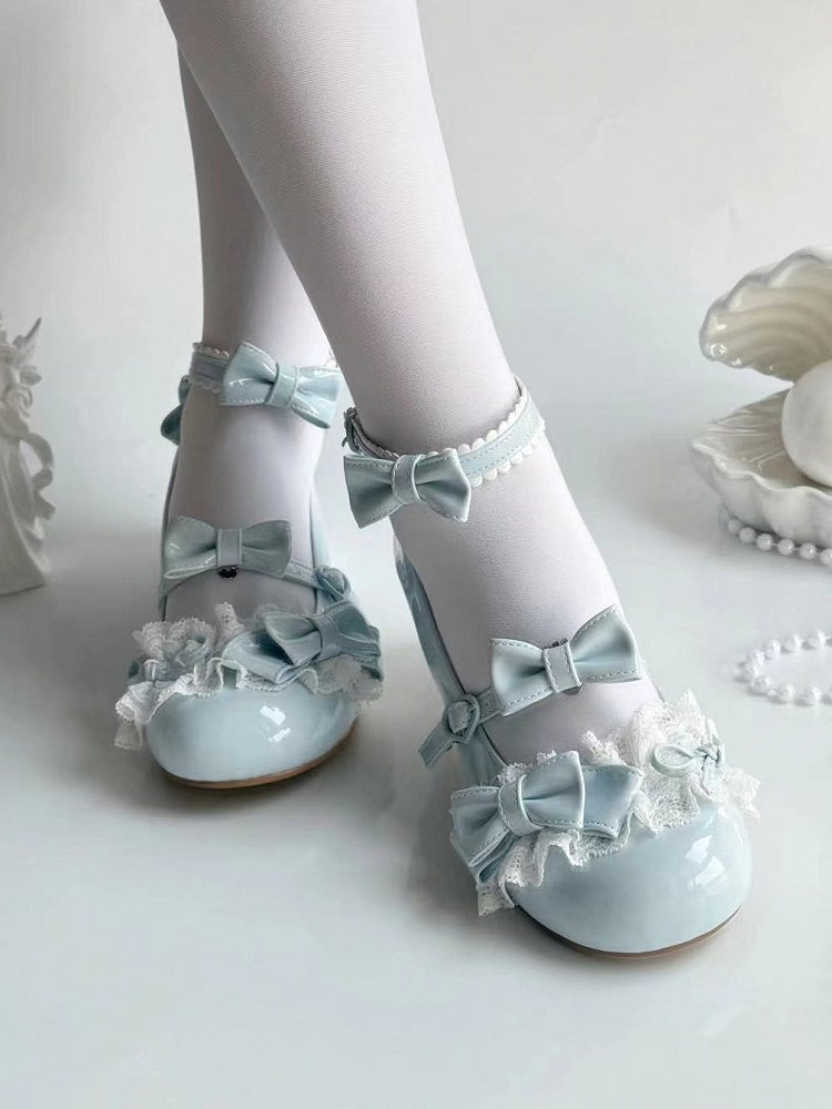 Lolita - Buckle Bow Details Jane Low Lace Shoes Heart-Shaped Mary with and Blue Heel Sweet