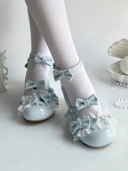 Lolita - Buckle Bow Details Jane Low Lace Shoes Heart-Shaped Mary with and Blue Heel Sweet