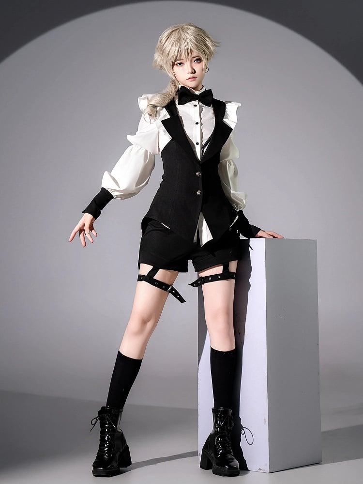 Gothic Tailcoat Fashion Black with Pompoms Waistcoat Lace-up at Back Ouji