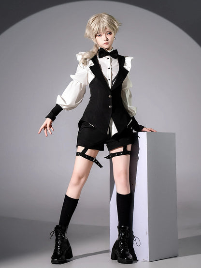 Gothic Tailcoat Waistcoat with Pompoms and Back Lacing - Shi Zhi Mao
