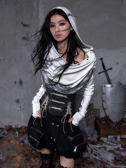 Studded Hoodie Neck Beige Punk Wing Off-Shoulder Wasteland Cowl Convertible with Design Print