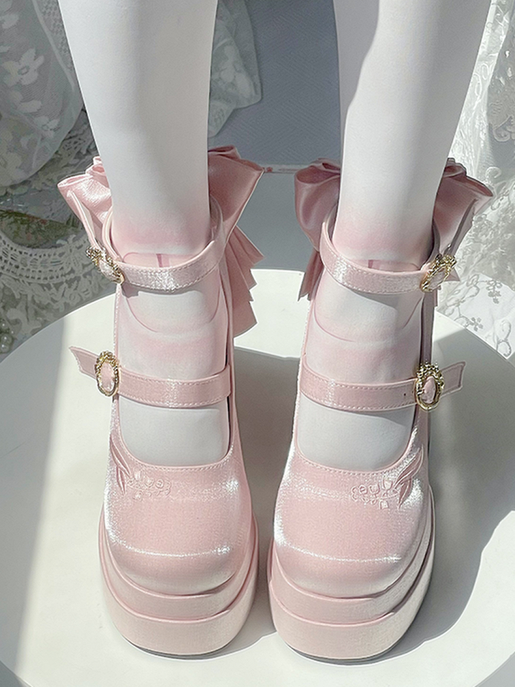 of Detachable Mary High Platform Bowknot Janes Lily Pink Heel the Valley Embroidery Block