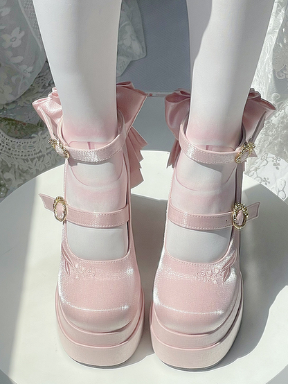 of Detachable Mary High Platform Bowknot Janes Lily Pink Heel the Valley Embroidery Block