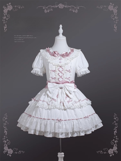 Hime Pink und Peter Pan Kragen Stufenrock Balletcore Lolita Kleid Weiß OP