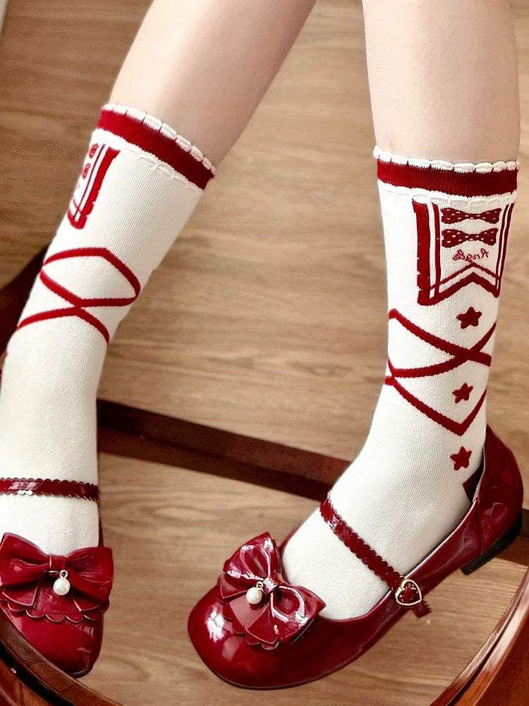 Socken mit Crisscorss-Print, Stern und Schleife, Blau/Rot, Lolita-Band, Kalbsleder