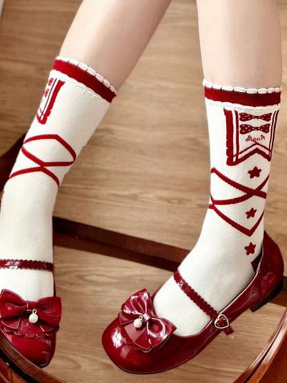 Socken mit Crisscorss-Print, Stern und Schleife, Blau/Rot, Lolita-Band, Kalbsleder