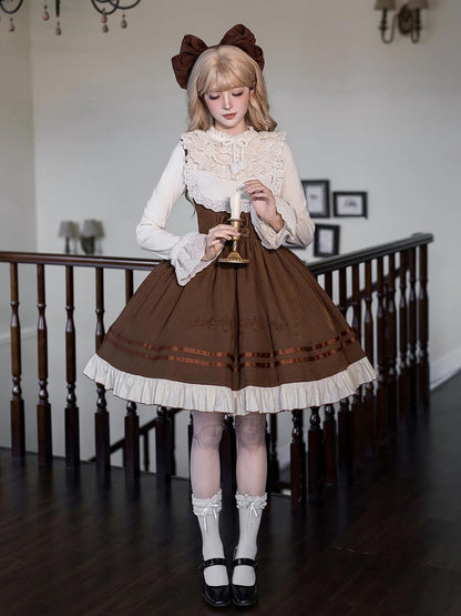 Bust Hat Bow Knit + JSK Detachable Violin Top Lolita Beige Embroidery Under Brown Classic