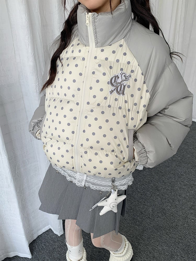 Beige Colorblock Cuffs with Embroidered Elastic Dot Letters Design Jacket Polka