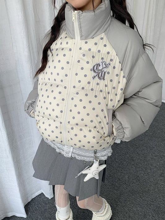 Beige Colorblock Cuffs with Embroidered Elastic Dot Letters Design Jacket Polka