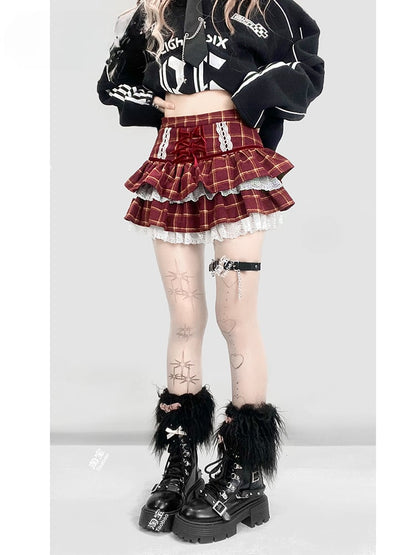 Tiered Plaid Skirt with Lace Trim and Patchwork - ReddaChic