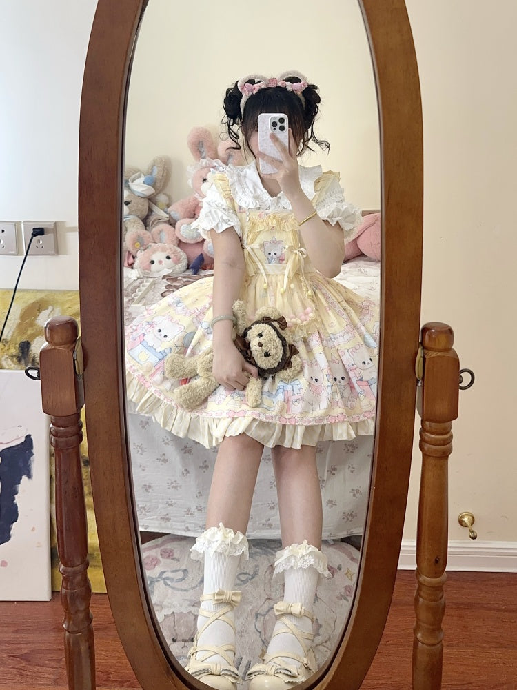 Kleid Süße Gelbe Overall Lolita Kitty Polka Muster Druck Punkte und