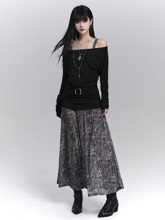 Ensemble with Top Off-Shoulder Dress Sleeveless Black Floral Gothic