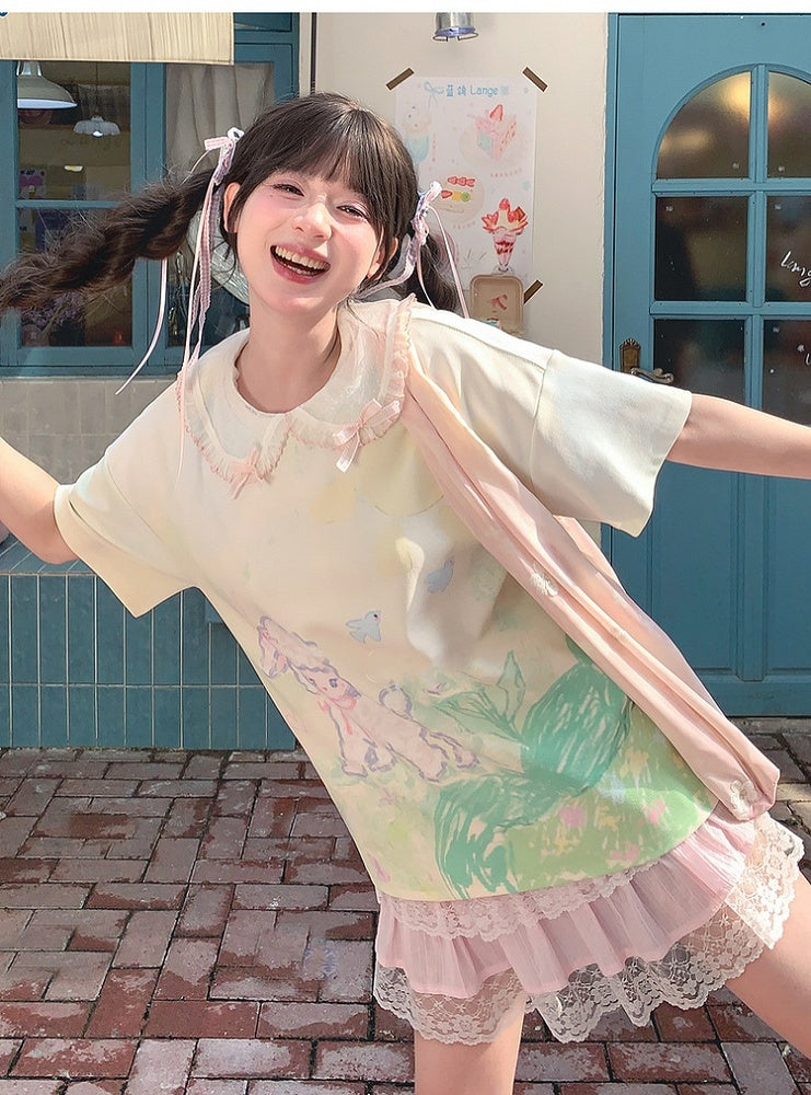 T-Shirt Hellgrün Rundhals Graffiti Lamm Print Lose