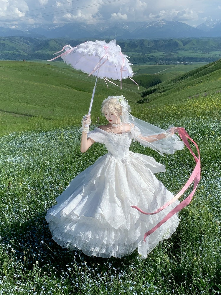 White Butterfly Motif Puff Sleeve Lolita Top and Asymmetrical Hem Skirt Set - Sweet Wood Lolita