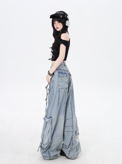 Rise Distressed Holes Jeans Blau Weites Bein Cargo Niedrig