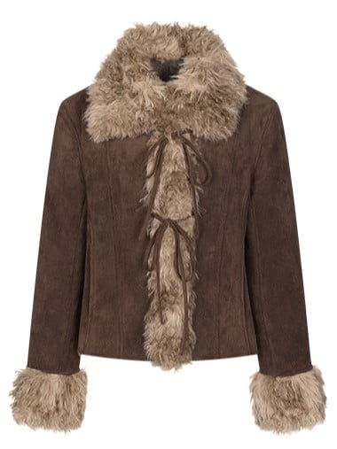 Lining Tie Details with Coat and Bow Faux Suede Brown Plush