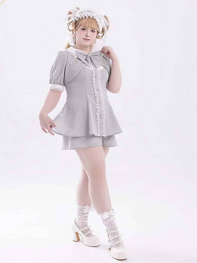 Sleeve Two-Piece Brooch Gray Kei Coord Shorts Top Bow Faux Jirai Short Set: with
