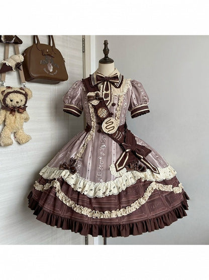 Chocolate Short Sleeve Lolita OP Dress with Lace - Lineall Cat