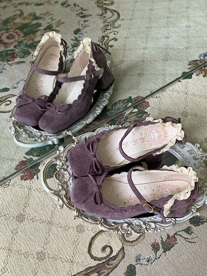 Mid Scalloped Accents Heels with Classic Purple Bow Hem