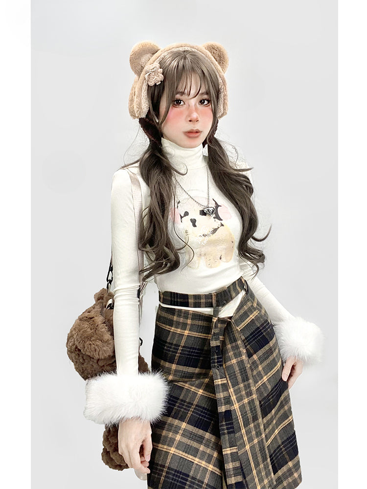 Y2K Apricot High Neck Puppy Glamorous Top with Detachable Plush Cuffs