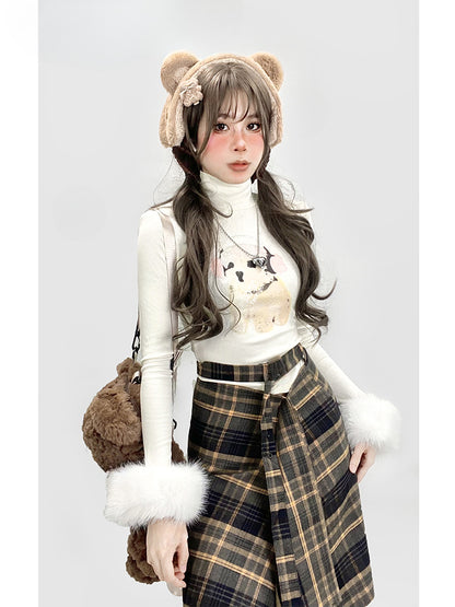 Y2K Apricot High Neck Puppy Glamorous Top with Detachable Plush Cuffs