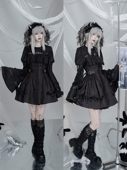 Black Gothic Lolita Bell Sleeve Dress with Lace and Metal Buckle Accents - Kuroya