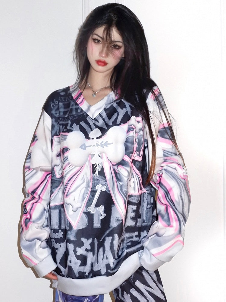 Knochen und Sweatshirt Y2K Print Große graue Schleife