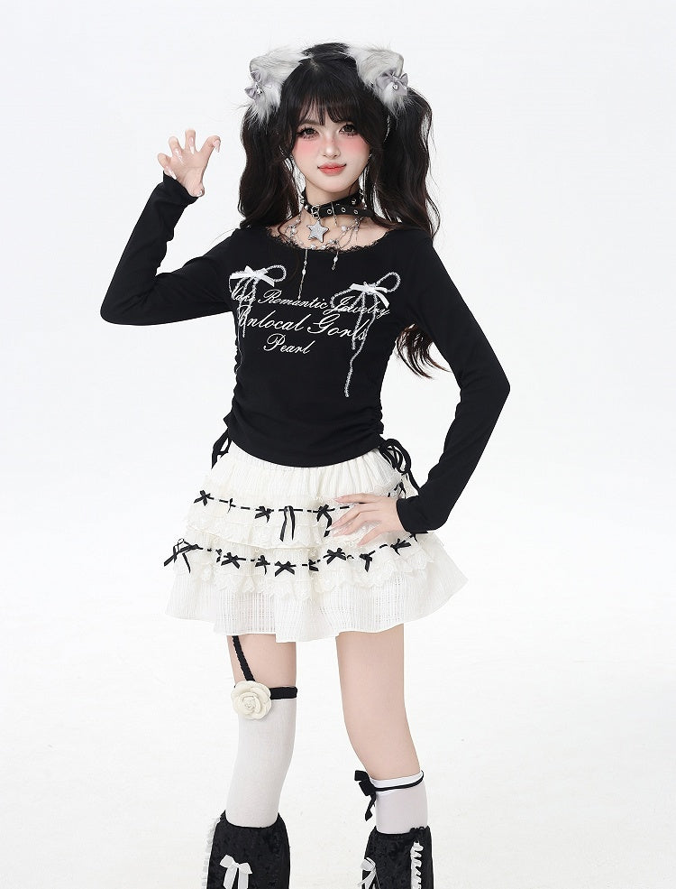 リボンプリントレースのスイートトップトリム、ドローストリングウエスト、ホワイト/ブラック