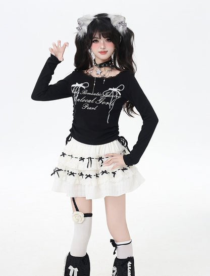 リボンプリントレースのスイートトップトリム、ドローストリングウエスト、ホワイト/ブラック