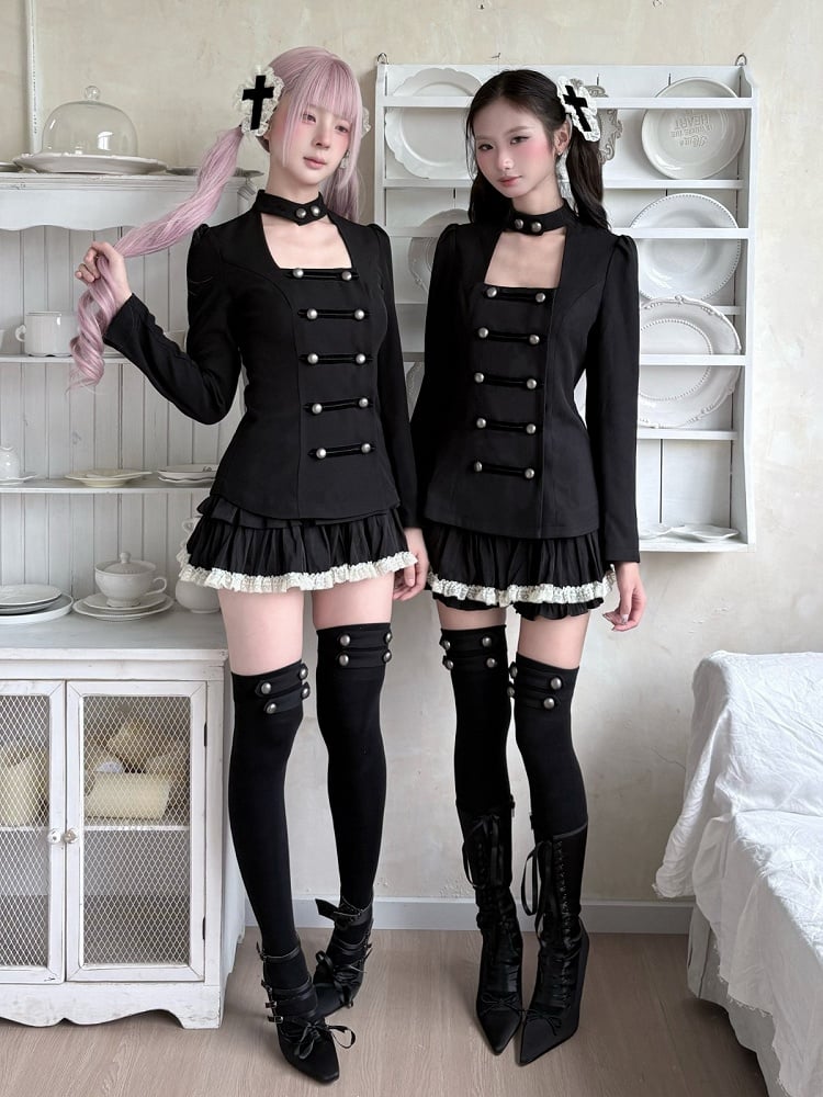 Gothic Black Double-Breasted Stand-Collar Blouse - Damn Girl