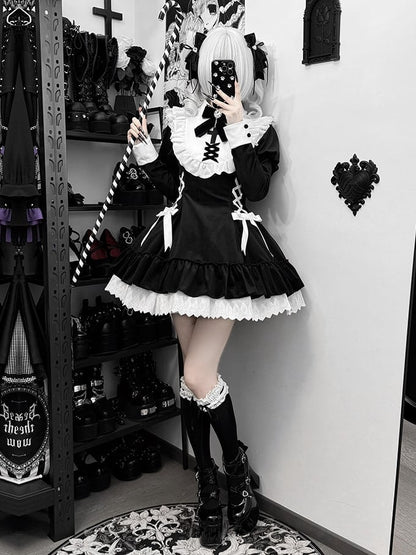 Lolita Bow and Juliette with Sleeves Gothic Lacing Dress Accents Black