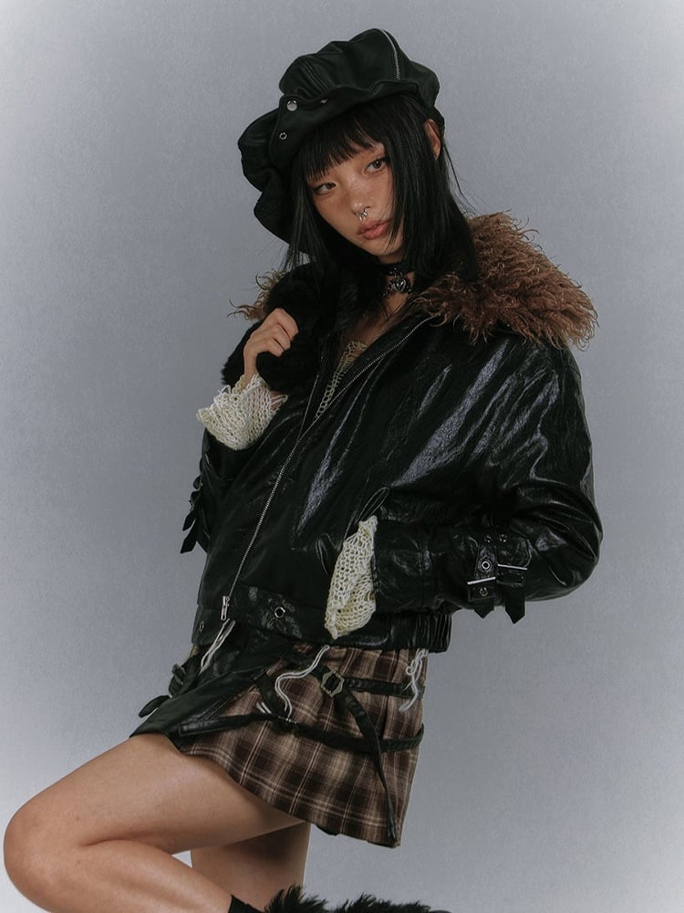 Glossy with Black Embroidery Faux Jacket Detachable Fur Padded Punk Eyelet Hem Metal Wing Collar
