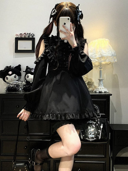 Cutout Jirai Blau/WeißSchwarz/Alle Farben Kei Mit Bluse Schwarz Shorts Schulter Solide