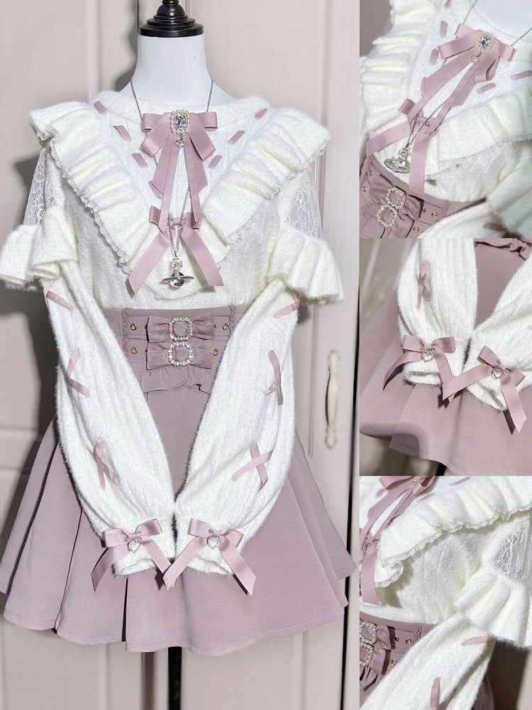 Soft Lace Top: in Faux White Jirai Kei Knit Criss-Cross Shoulder Pink Cutouts Sleeve Style Mink