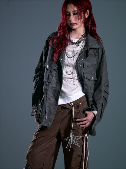 Closure Waist Zip Drawstring - Accent Punk Cargo Jacket Gray Buckled