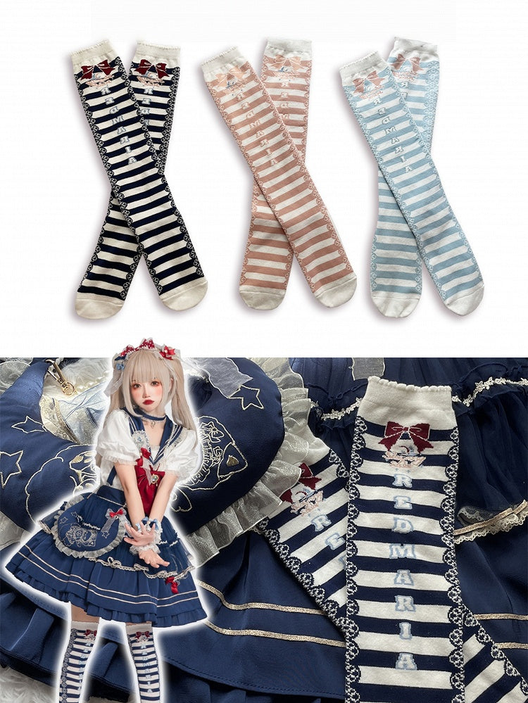 3 Colors Nautical Striped Pattern Knitted Calf Socks