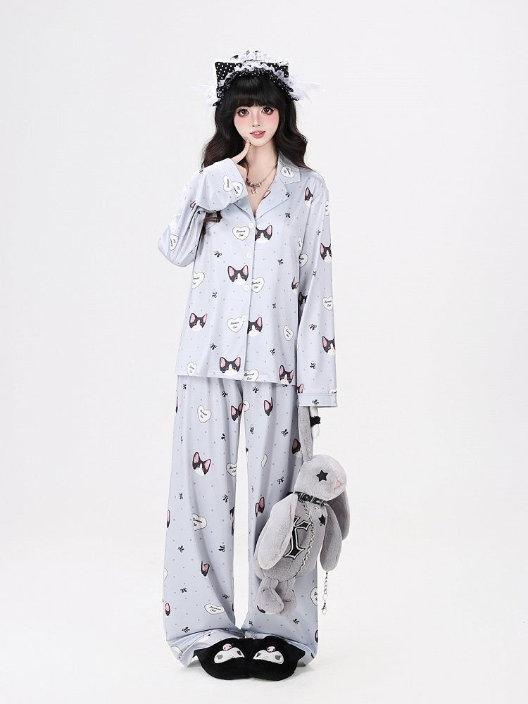 Grey Cute Otaku Kitten Print Long Lounge Wear Two-Piece Set - Long-Sleeve Top + Pants - CRAZY GIRL
