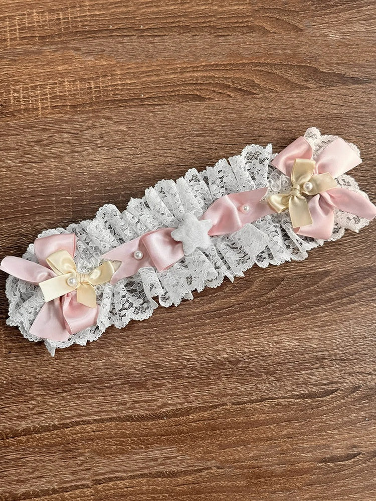 Pink and Blue / Hairband Bowknots Yellow Lace White