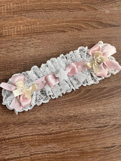 Pink and Blue / Hairband Bowknots Yellow Lace White