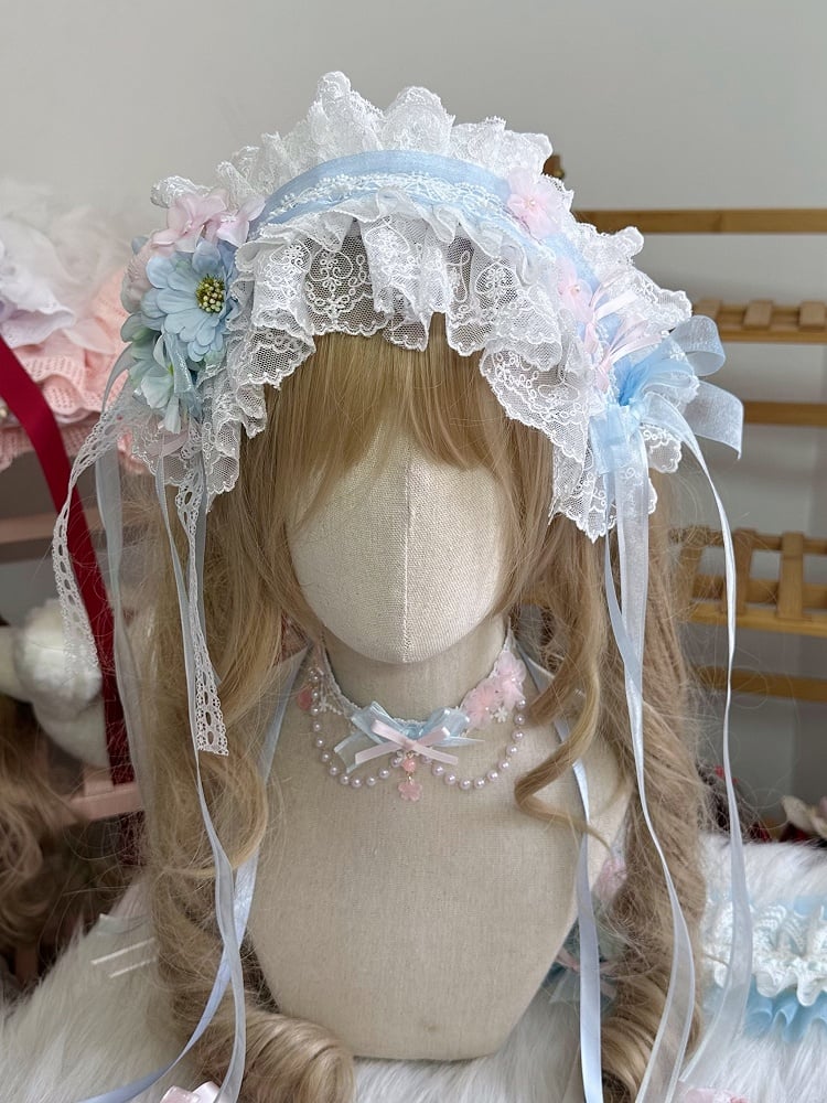 Ruffled Lolita Pink Flower Hairband Details Handmade Blue