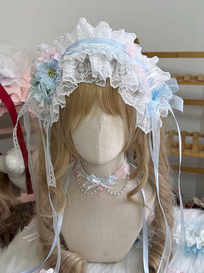 Ruffled Lolita Pink Flower Hairband Details Handmade Blue
