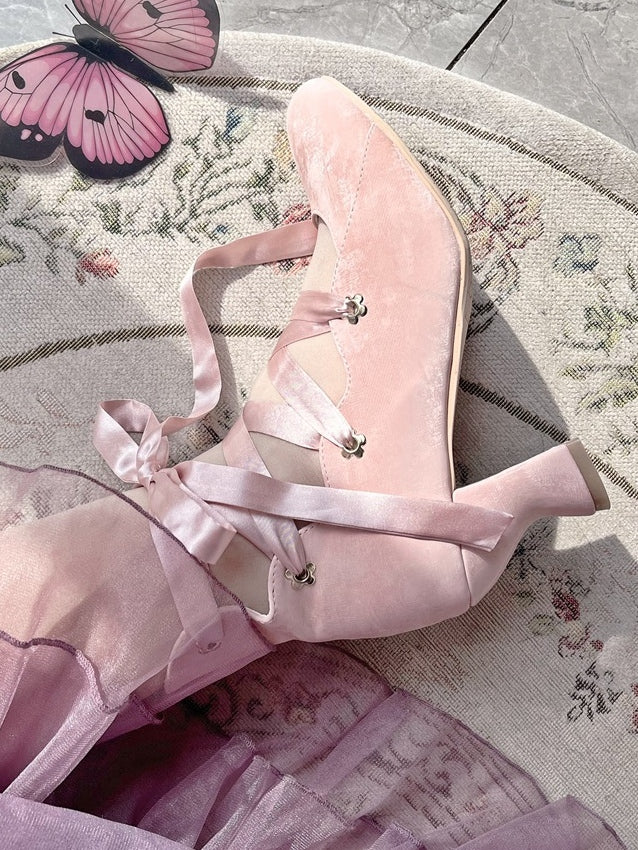 Design Lolita Shoes Pink Closure High-heel Toe Elegant Pointed with Lace-up