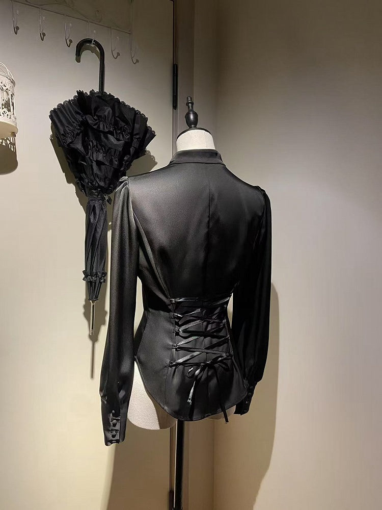 袖付き黒シャツ王子ロングロリータマンダリンカラー