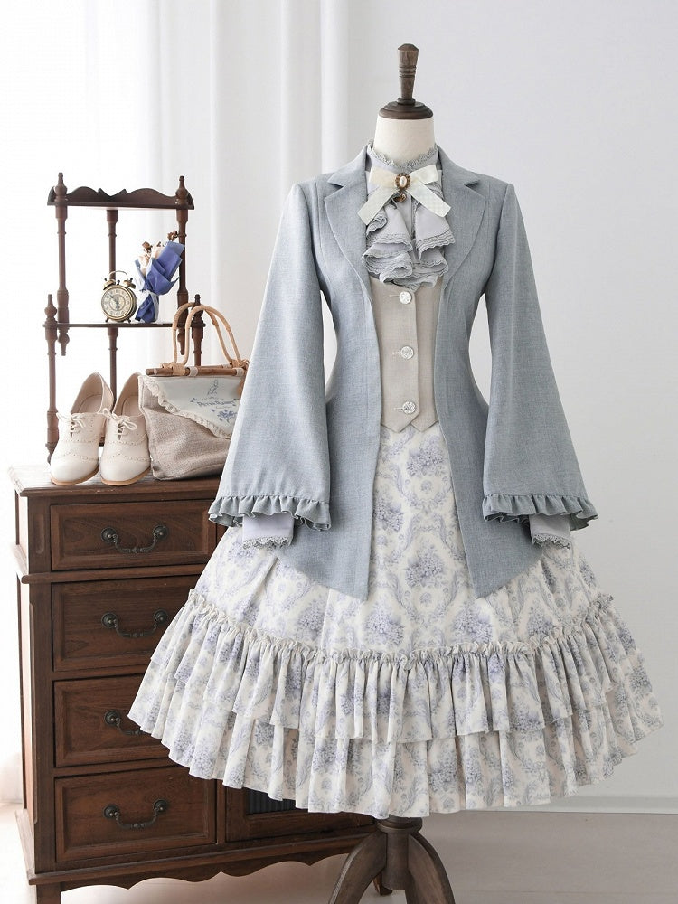 Elegant Blue and Beige Single-Breasted Jacket with Lacing Detail