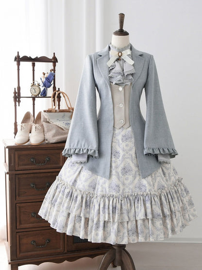 Elegant Blue and Beige Single-Breasted Jacket with Lacing Detail