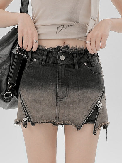 Denim High-waisted Shorts with Butterfly Zippers & Distressed Details - Girlyhalo