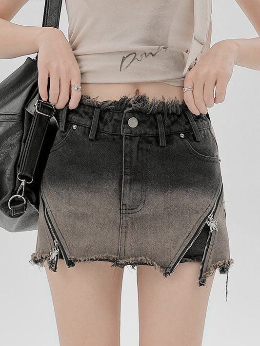 Denim High-waisted Shorts with Butterfly Zippers & Distressed Details - Girlyhalo