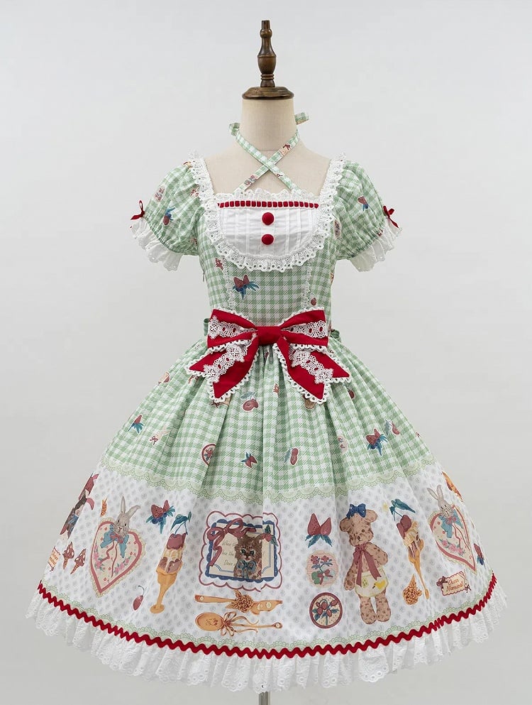 Gingham Black Sleeves Kitty and Print Sweet Lolita Dress Short Bunny