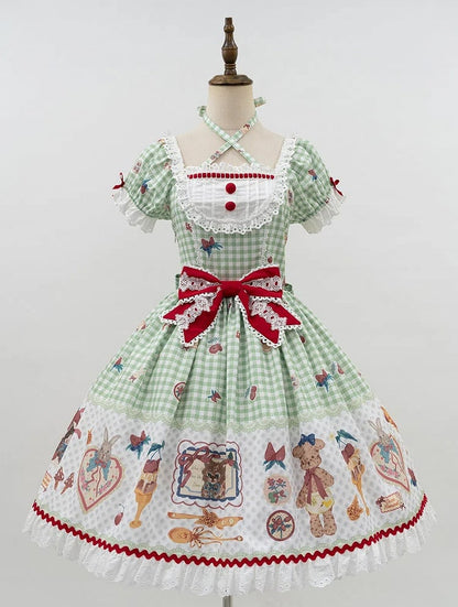 Gingham Black Sleeves Kitty and Print Sweet Lolita Dress Short Bunny